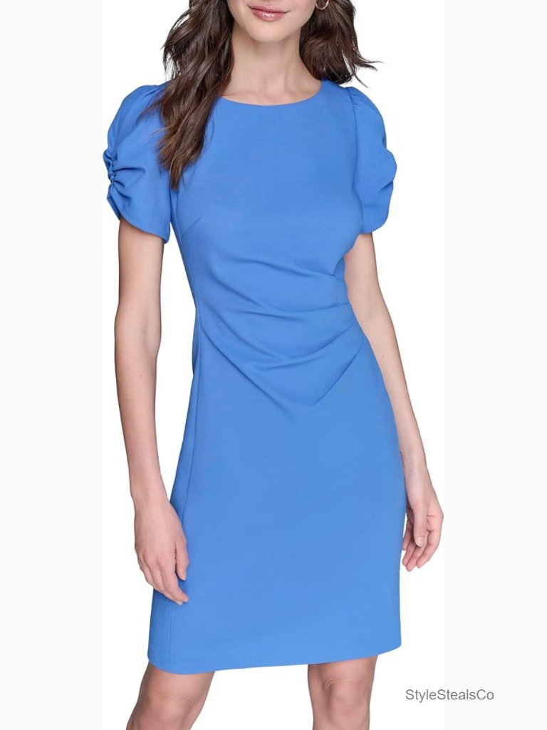 Ribbed Scuba Sheath Mini Dress With Ruched Short Sleeves